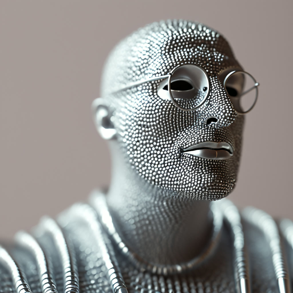 A generated self-portrait: the head rebuilt as a sculpture of metal pins, the glasses cast into it