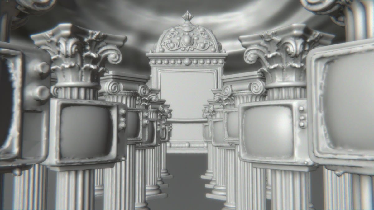 A clay render pass of the Libera set: televisions on classical columns receding into curtains.