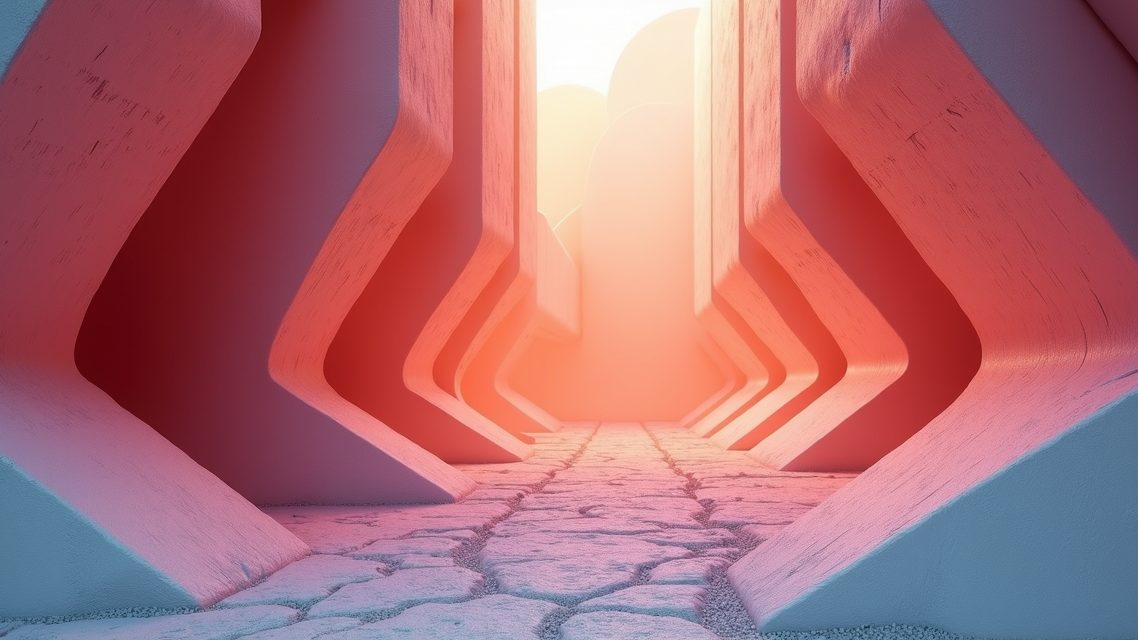A generated corridor of angular coral walls receding toward a bright opening.