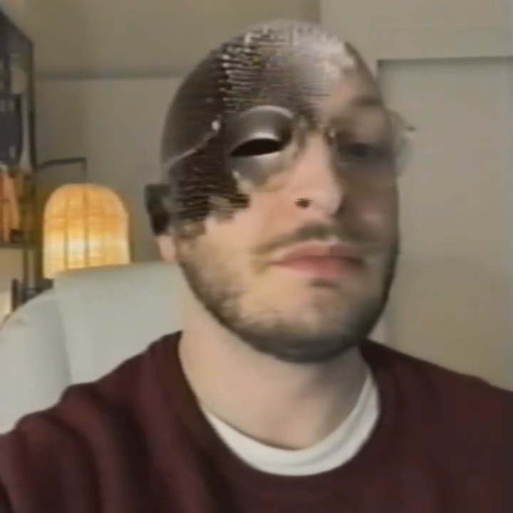 His left eye has become a dark slot in a field of pins.