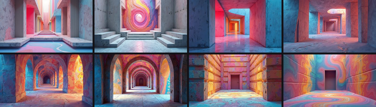 Eight generated 2025 category backgrounds: concrete corridors, arcades and stepped chambers, each in a different marbled palette
