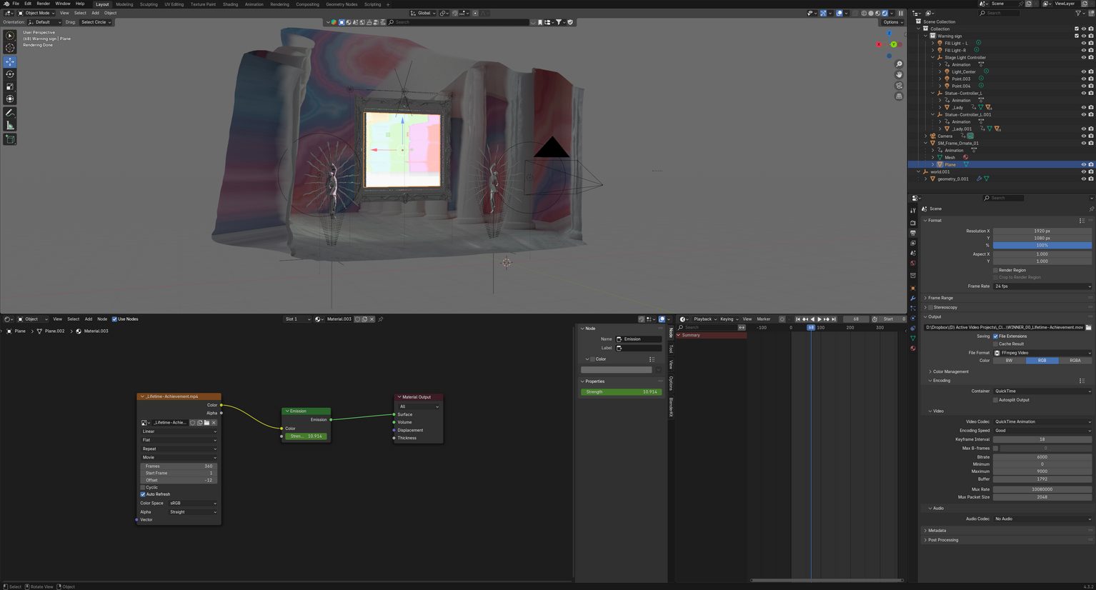 Blender with a generated environment loaded as geometry: marbled walls, an ornate frame playing a nominee video, statues either side, lights and a camera rigged on it, and a shader node graph open below