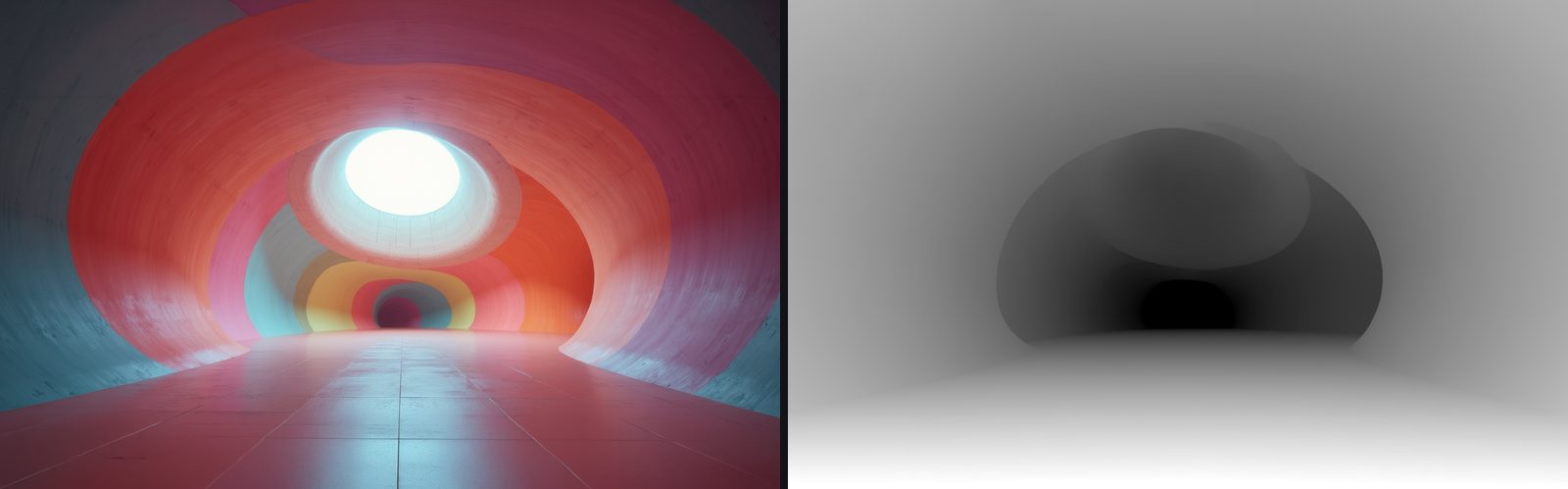 A generated 2026 tunnel interior beside its depth pass, the same geometry rendered as a greyscale distance map