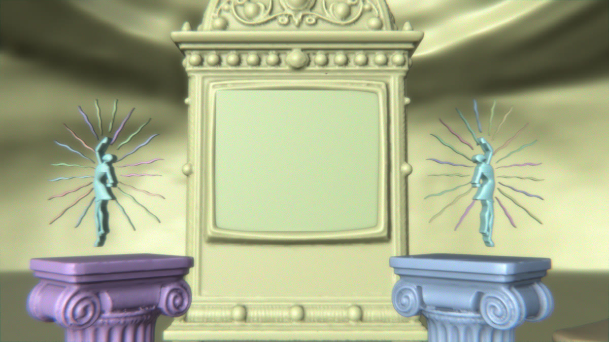 A winner screen scene with no lighting or textures, every object shaded a different flat colour