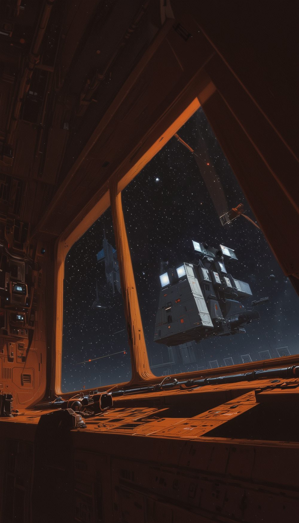 A dark interior looking through an angled window frame at a tall lit structure against a blue night sky.