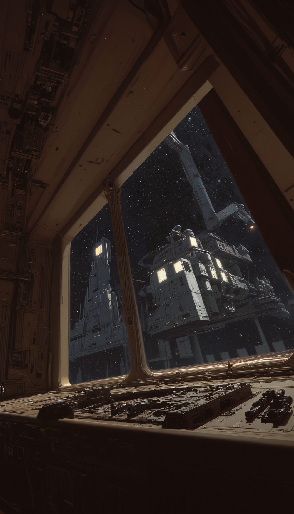 A grey hull with rows of lit windows seen from inside a dim room, the window mullion cutting across the view.