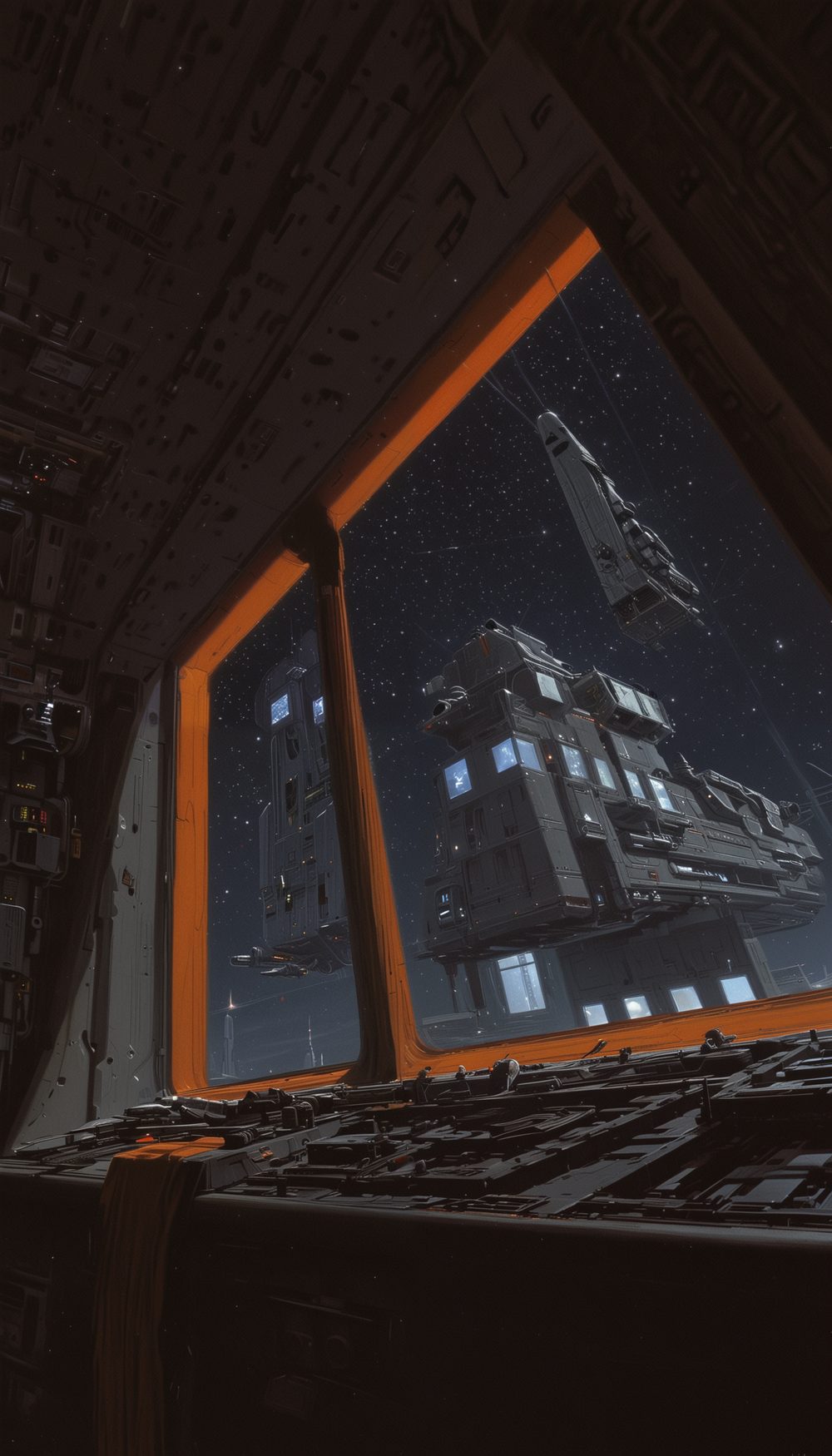 An orange lit window frame in the foreground, a dark vessel with scattered lit windows beyond it.