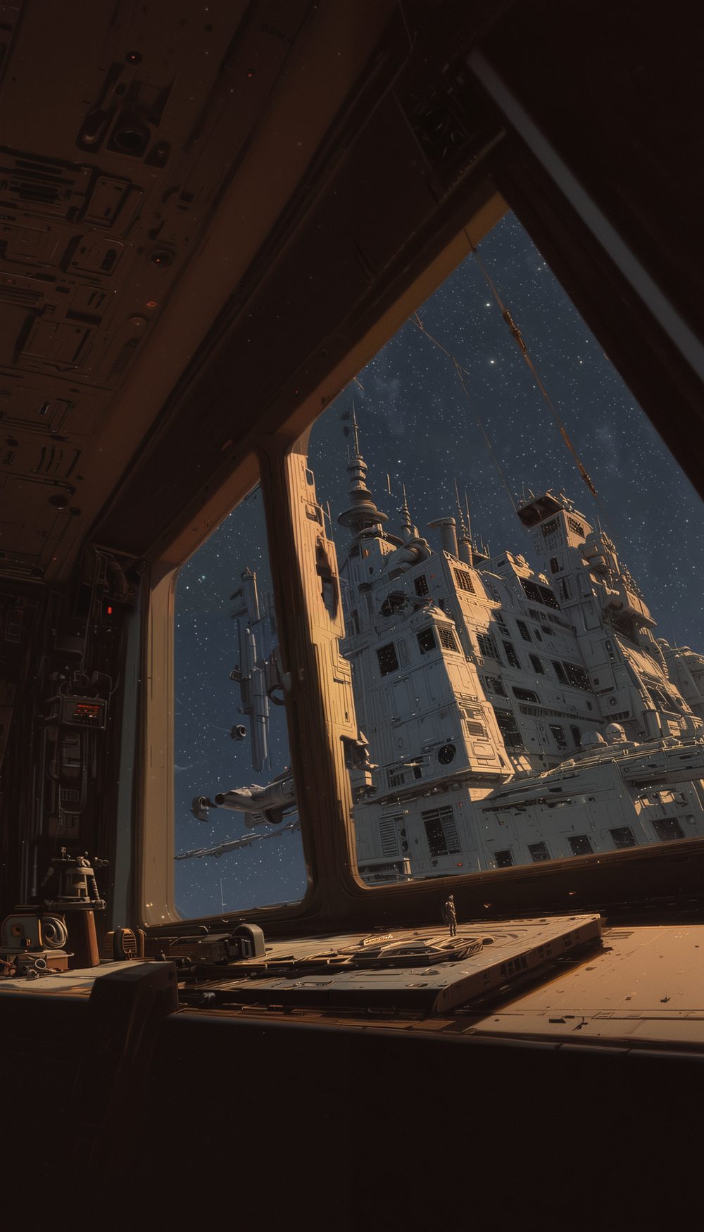 A pale ornate tower against a deep blue night, seen through the same angled window.
