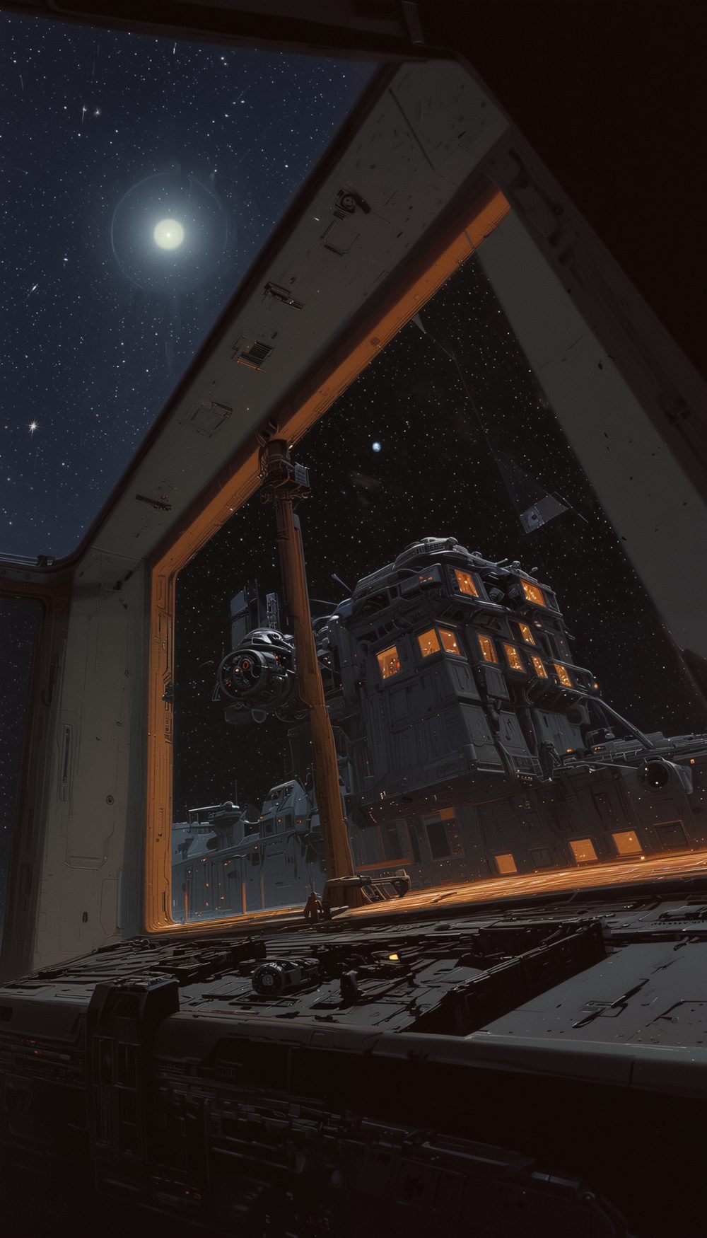 Syzygy, from Slow Boat: a full moon above a lit structure seen through a window.