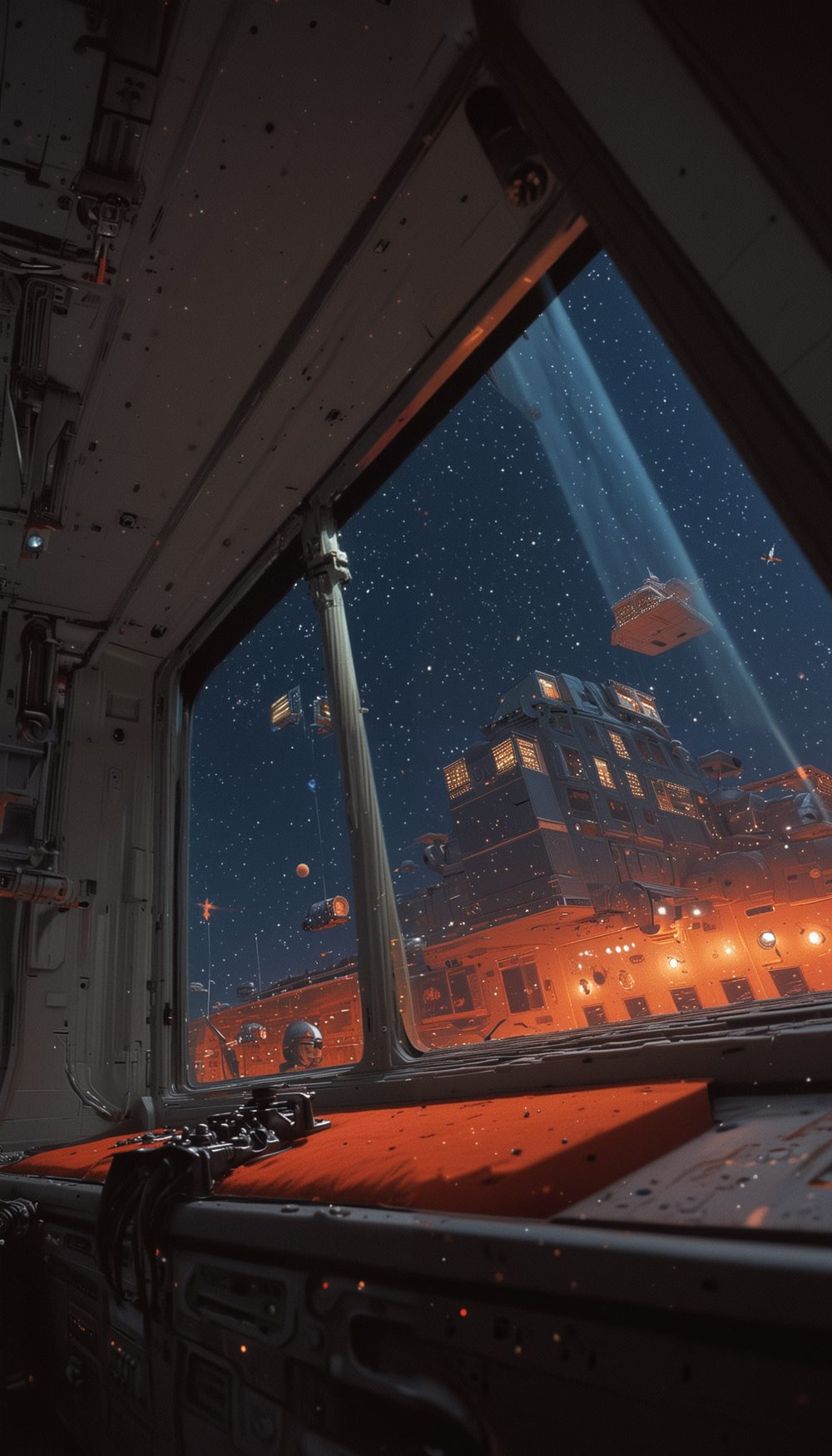 A red glow rising from below a tower with lit windows, under a blue night sky.