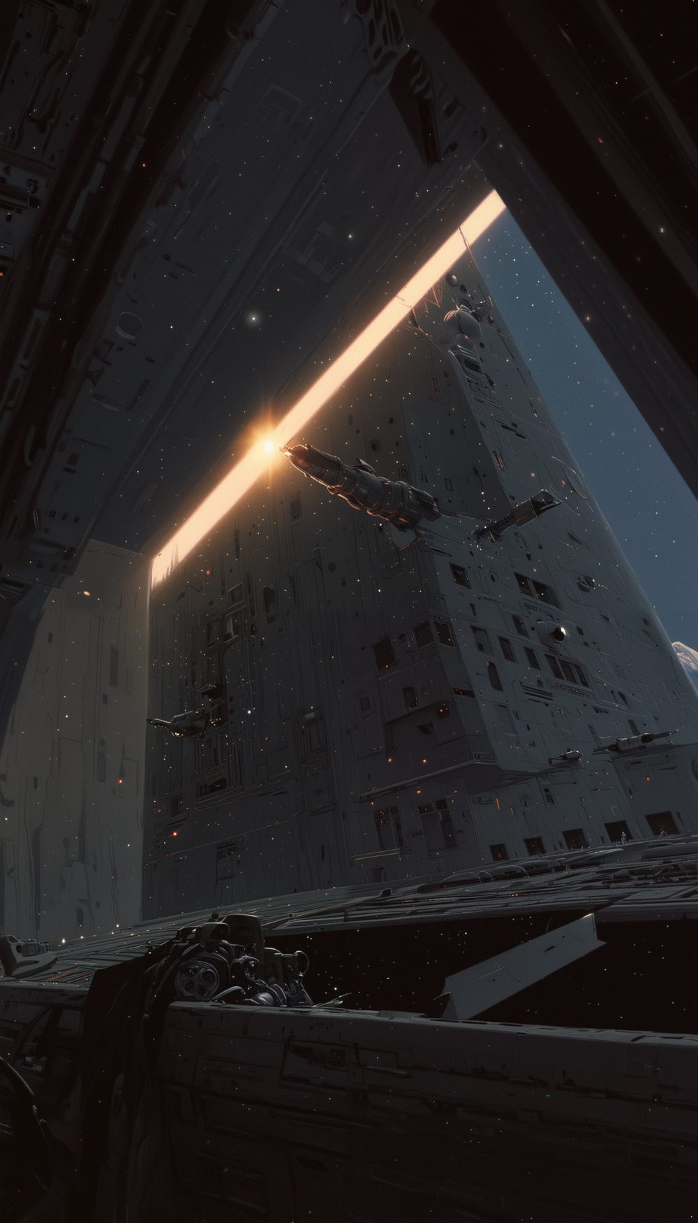 A streak of orange light crossing diagonally in front of a dark hull.