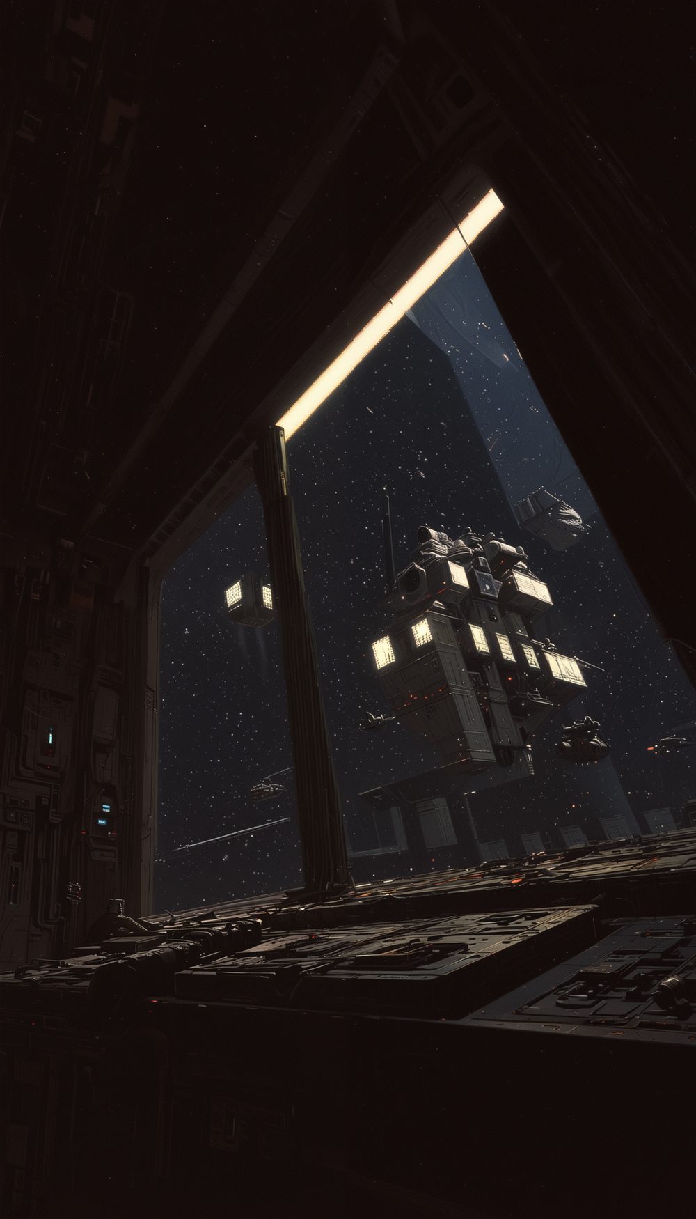 A very dark frame, a few faint lit windows the only thing visible through the glass.