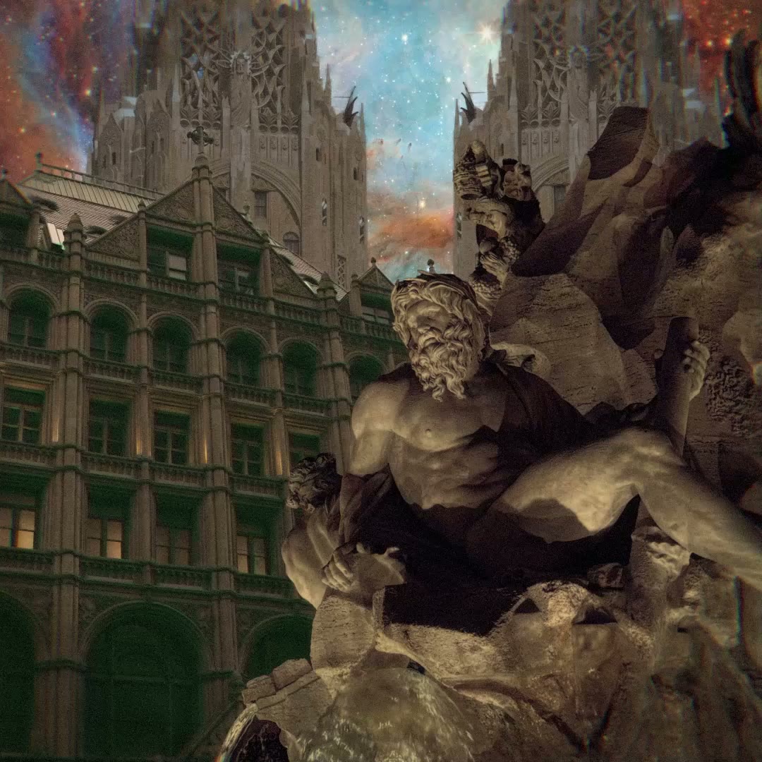 Prewar, from Service Changes: a reclining marble river god in front of a green-roofed apartment block and a Gothic tower, under a nebula.