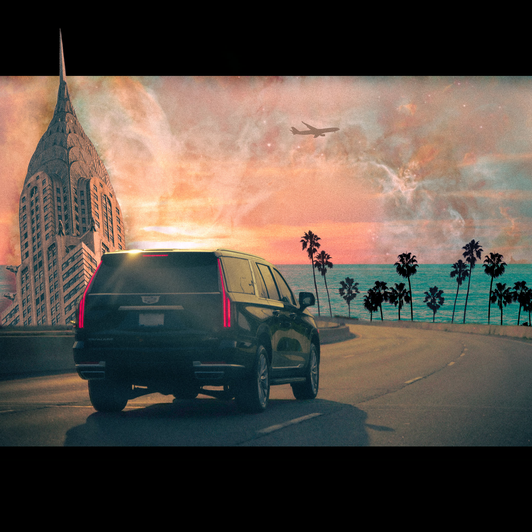 Reverse Commute. The Chrysler Building beside palm trees on a Pacific coast highway.